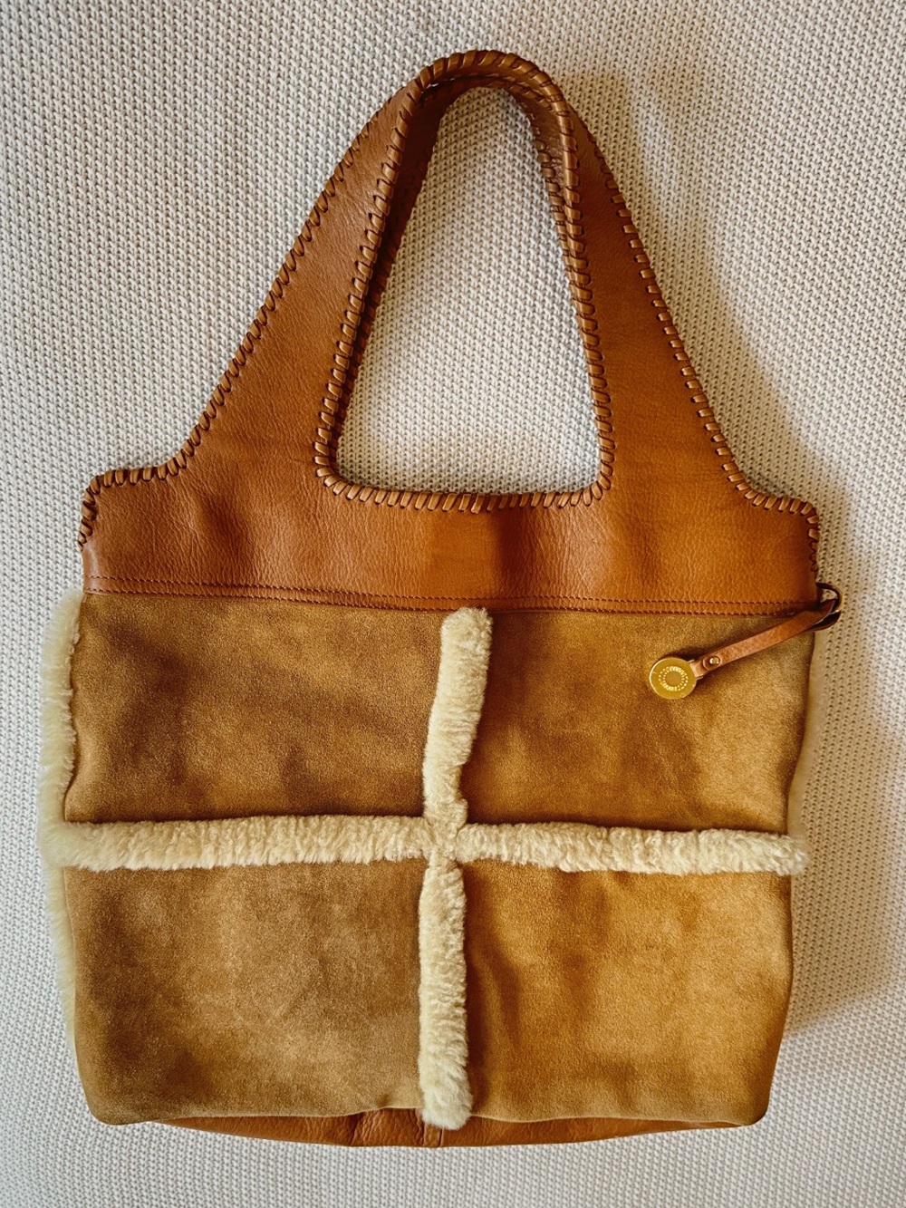 UGG Tan Suede Tote Bag w Cream Shearling Trim XL Boho Handbag Leather Purse